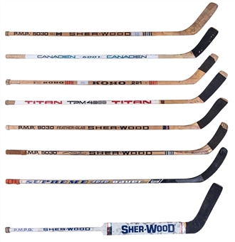 Lot of (8) Philadelphia Flyers Hockey Sticks Including One Signed by Bobby Clarke (JSA)
